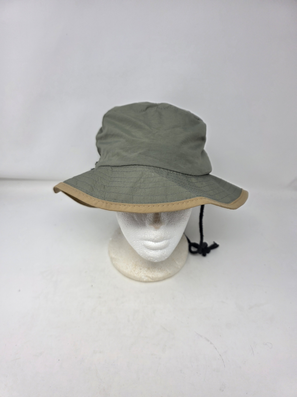 Scala Olive Green Nylon Bucket Boonie Hat Tan Trim Drawstring Chin Strap OSFA